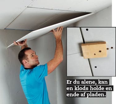 Opsætning af gipsloft: De yderste plader løftes først op ved væggen Opsætning af gipsloft: De yderste plader løftes først op ved væggen